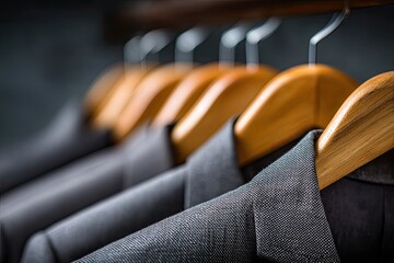 Row of dark gray suits hanging on wooden hangers