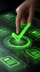 Woman's finger touching glowing green checkmark on digital screen with document icons interface