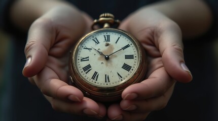 Wide close-up of hands softly holding an antique pocket watch, a thin crack running across the dial revealing a faint fragment of sky or a contemplative face, conveying fragile time and lost chances.
