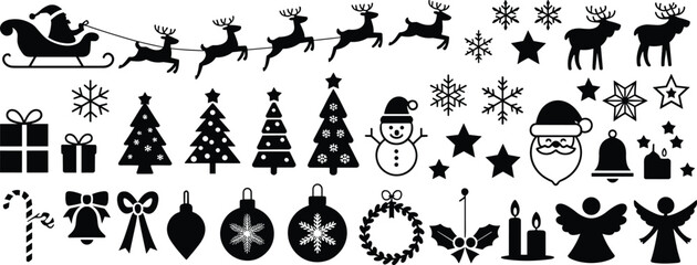 Christmas icons, Santa Claus sleigh, reindeer, Christmas trees, snowflakes, gifts, snowman, ornaments, bells, wreath, holiday decorations, festive symbols