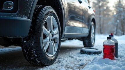 Car raised on jack with tire removed, antifreeze bottle and ice scraper visible, garage workshop environment, documentary lighting.

