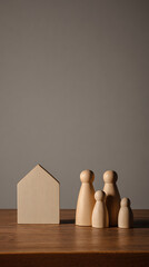 Wooden house and four peg doll figures of different heights on a wooden surface family home