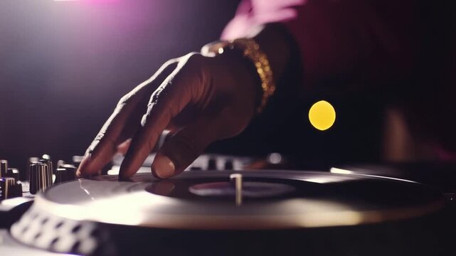 DJ's Hand on Turntable: Music, Rhythm, and Nightlife Vibe