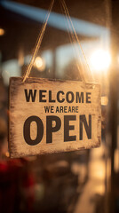 Wooden open sign with welcome message hanging on a glass door with sunlight business shop