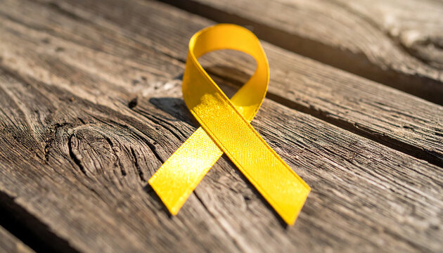 Yellow awareness ribbon on rough wooden surface. Symbol of military support, suicide prevention