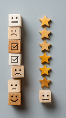 Wooden cubes with facial expressions and checkmarks next to wooden stars on gray background feedback