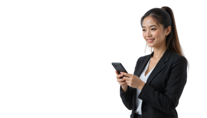 A young asian woman in a suit smiles while looking at her smartphone, isolated on transparent background