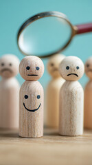 Wooden peg figures with painted faces one happy one sad under magnifying glass wooden figures peg people
