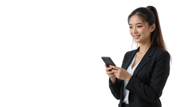 A young asian woman in a suit smiles while looking at her smartphone, isolated on transparent background