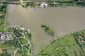 Aerial drone view over tranquil Boating lake in Nagykanizsa, Hungary.