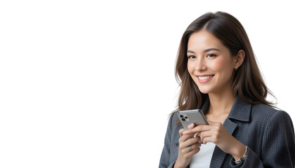 Fototapeta premium Young businesswoman in a dark grey blazer holding a smartphone and smiling, isolated on transparent background