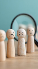 Wooden peg figures with painted faces showing different emotions in front of a magnifying glass feeling