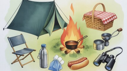 Adventure camping clipart – tent, fire, picnic basket, folding chair, thermos, hot dog, marshmallow sticks and binoculars – digital download illustration set