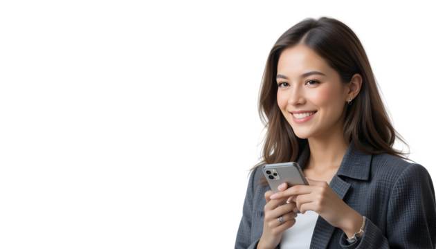 Young businesswoman in a dark grey blazer holding a smartphone and smiling, isolated on transparent background