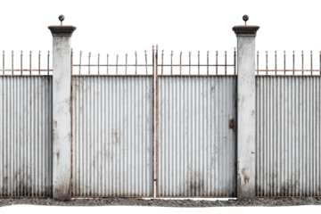 Old weathered corrugated metal gate with concrete pillars isolated.