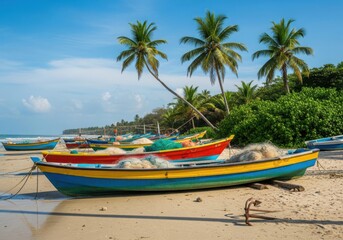 Colorful fishing boats with nets on a tropical beach with palm trees under a blue sky