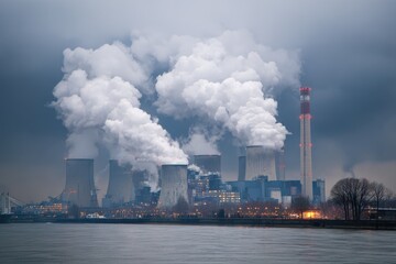 Industrial Coal Power Facility: A Structure Emitting Smog and Carbon, Representing Power Generation and Global Warming Challenges