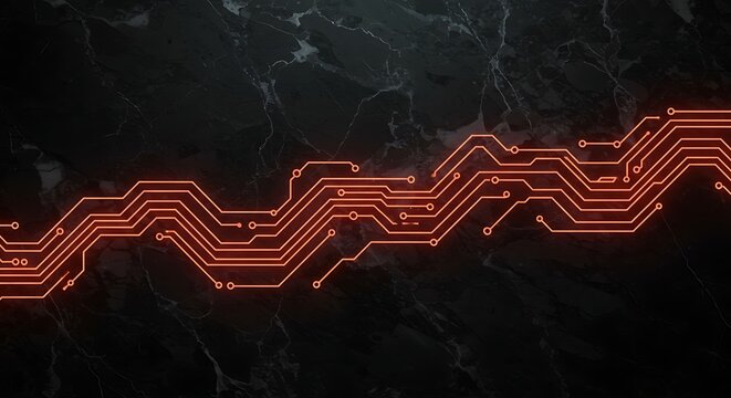 Circuit board glows red against dark marble, representing technology and innovation in a modern, sleek design, symbolizing technological advancement.