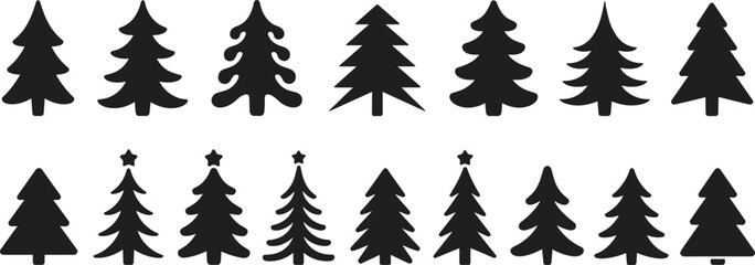 Christmas tree silhouettes, holiday pine tree icons, winter decoration symbols, festive fir trees collection, black vector Christmas design elements
