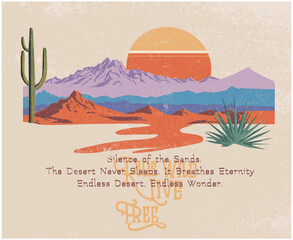 Vintage desert landscape illustration featuring a retro sunset, colorful layered mountains, cactus, and desert plants. Perfect for t-shirt prints, posters, travel artwork, and nature-inspired designs.