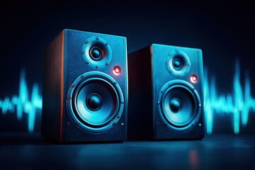 Dynamic blue audio waves pulsing between two speakers in a dark environment