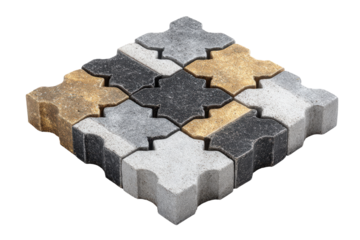 Assortment of colorful interlocking concrete paving stones for landscaping.
