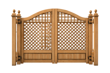 Elegant arched wooden garden gate with lattice design isolated on white.