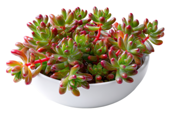 Vibrant Jelly Bean succulent plant with red tips in a white bowl.