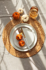Autumn Table Setting with Decorative Pumpkins and Seasonal Leaves