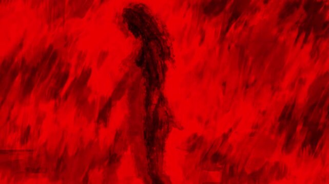 Dark goddess comes out of burning lake and walks on hot stones. Terrible whirlwind into another world. Supernatural beings from depths of hell. Animation in horror fantasy genre. Red and black.