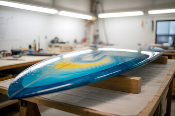 Unique surfboard design in a workshop with vibrant blue and yellow colors showcasing craftsmanship and creativity
