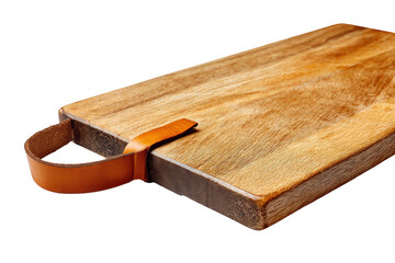Rustic wooden cutting board with a brown leather handle.