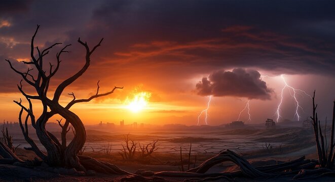 Apocalyptic Sunset Over Desolate Landscape with Lightning