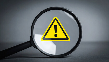 Yellow warning triangle sign with magnifying glass. Analysis, investigation and attention to danger