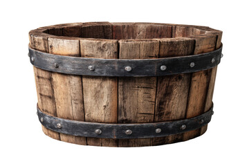 Old rustic wooden barrel with metal bands isolated on white.