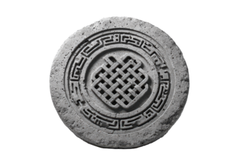 Ancient Stone Disc with Carved Endless Knot Symbol.