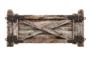 Old rustic weathered wooden gate with rusty metal chains.