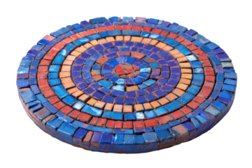 Vibrant circular mosaic art piece with blue and orange tiles.