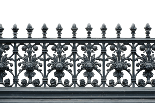 Ornate black wrought iron fence with decorative details. - Powered by Adobe