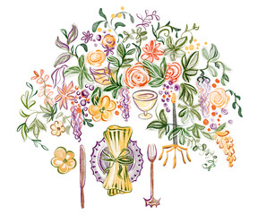 Dinner table watercolor illustration with flowers, napkin, cutlery, menu and candle. Hand painted template for catering, brunch, banquet, reception, appetizer, cocktail hour or seating design.