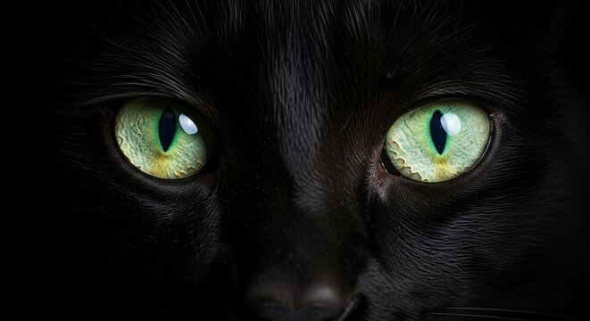 Closeup of a Black Cats Luminous Green Eyes in Low Light