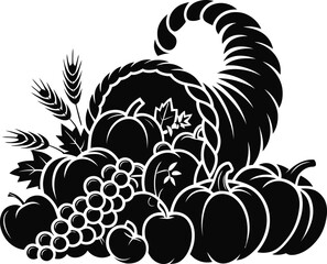 Cornucopia Silhouette Vector Illustration in Black and White with Pumpkins, Apples, Grapes, and Wheat for Autumn Harvest Designs, Isolated on Transparent