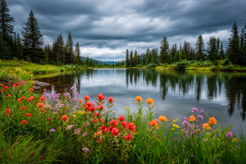 Vibrant wildflowers blooming along the tranquil lake shore under dramatic cloudy skies surrounded by evergreen trees and distant mountains in a serene natural landscape