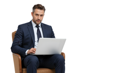 A handsome businessman in a suit sitting in a chair and working on a laptop, isolated on transparent background