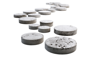 Winding path of circular concrete stepping stones isolated on a white background.
