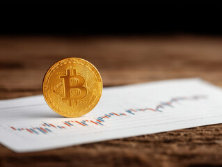 Gold price surge, Gold coin standing on financial chart showing price surge in market with blurred background creating dynamic effect