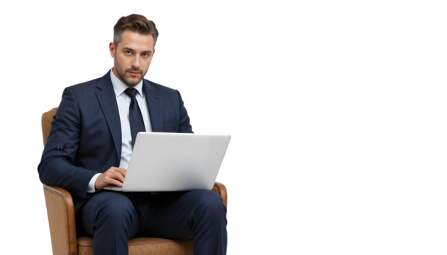 A handsome businessman in a suit sitting in a chair and working on a laptop, isolated on transparent background