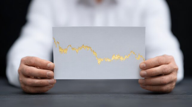 Gold price surge, Gold price surge concept with hands holding paper showing fluctuating golden line graph on gray background - Powered by Adobe