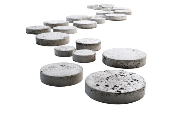 Winding path of circular concrete stepping stones isolated on a white background.