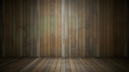 Warm rustic wooden wall and floor background with a spotlight effect creating depth and texture